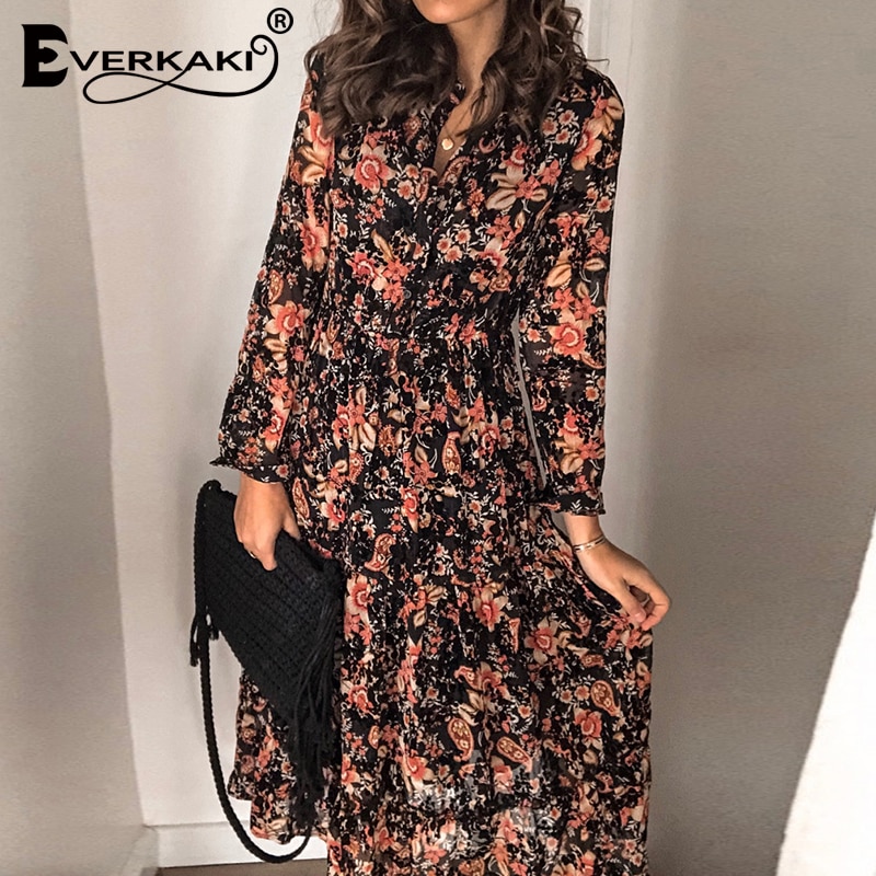 Everkaki Chic Boho Bloemenprint Maxi Jurk Vrouwen Zomer Strand Plus Size Dames Jurken Vrouwelijke Herfst Mode