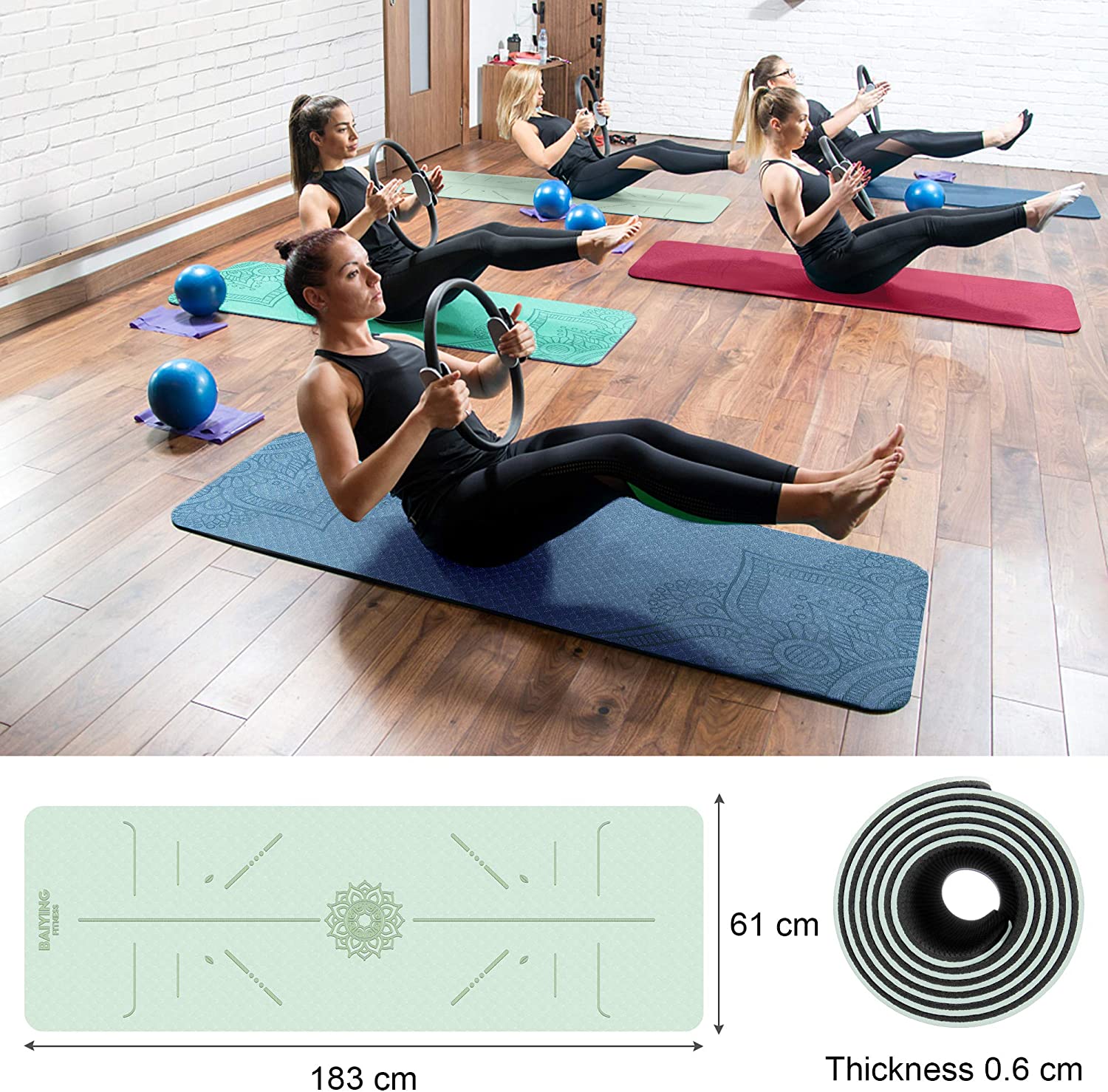 BAIYING Esterilla Yoga, TPE Antideslizante Colchoneta de Yoga para Entrenamiento en casa y Gimnasio Ejercicio, Esterilla Fitness para Yoga, Pilates, Deporte, 183mm x 61mm x 6mm