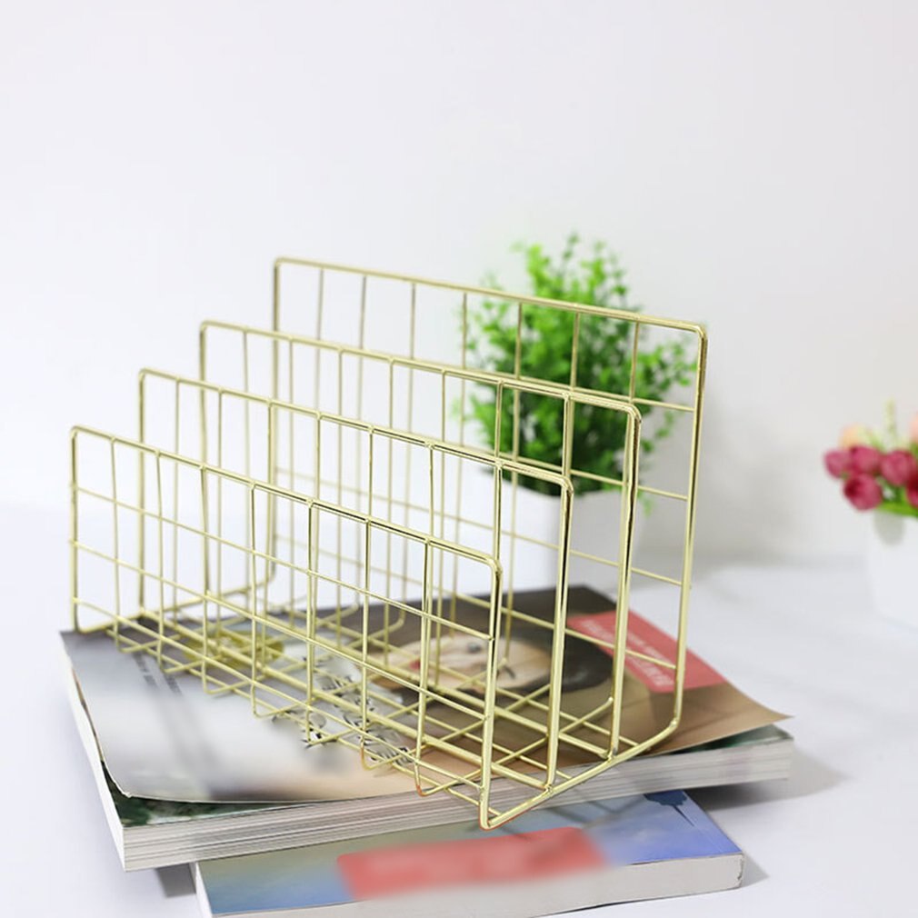 Durable and Convenient Wrought Iron Metal Three Grid Bookshelf Book Stand Desktop Decoration File And Book Organizer