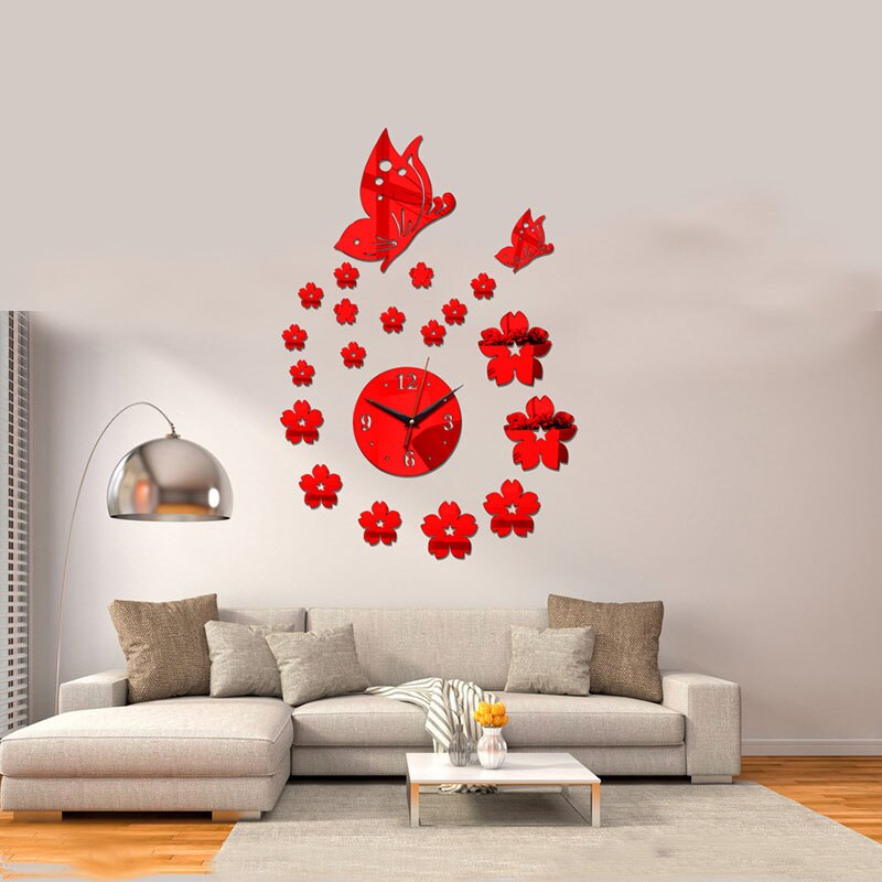 3d diy stereo vlinderspiegel acryl wandklok, muursticker klok, woondecoratie, woonkamer acryl spiegel wandklok