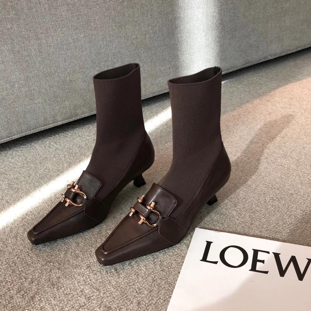 Dames sokken laarzen instappers dunne middelhoge hakken puntige enkellaarsjes stretch botas zwart bruine korte laarzen vrouw: Bruin / 7.5