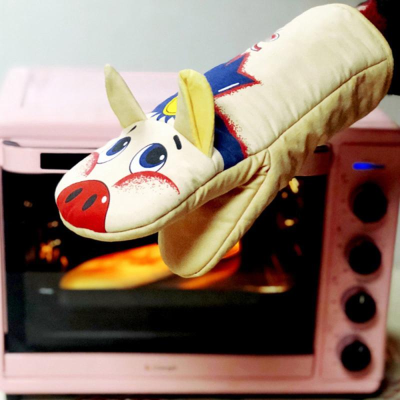 3D Cartoon Animal Oven Mitts Long Cotton Baking Insulation Gloves Holder Clip Microwave Heat Resistant Non-Slip Kitchen Supplies
