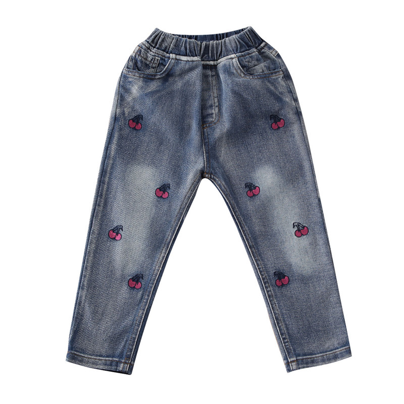 Pudcoco småbørn børn jeans afslappet sød kirsebær print denim bukser efterårstøj elastik høj talje barn piger 2-7 år: 4t
