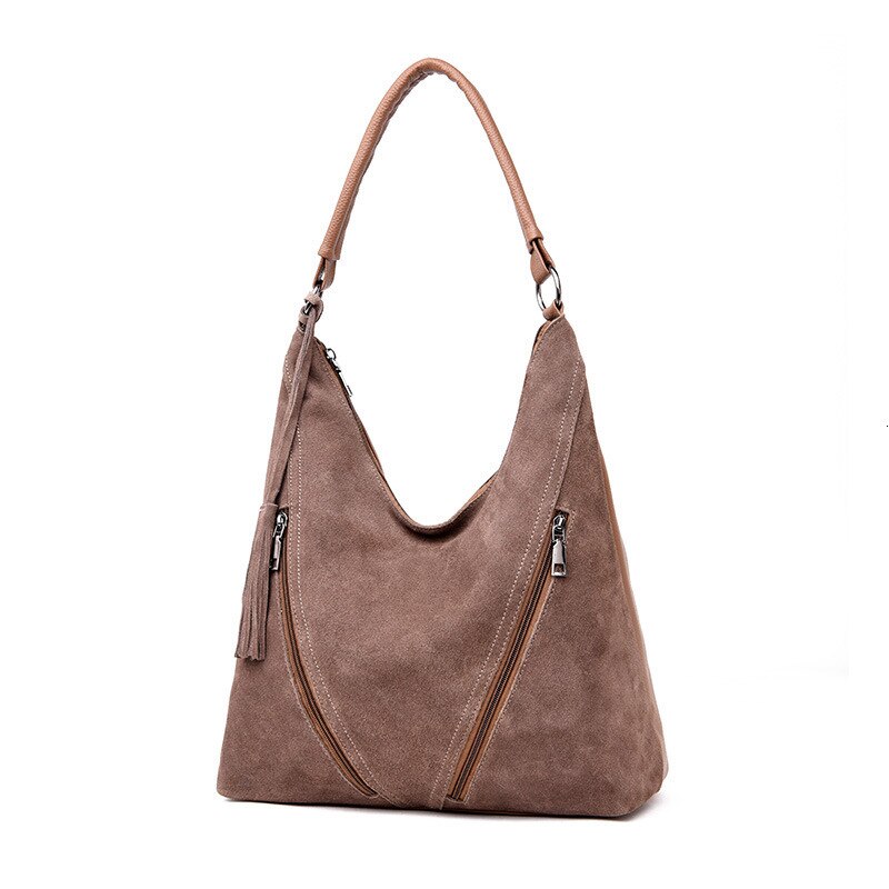 VM KISS Female Suede Leather Shoulder Bag Women Leisure Tassel crossbody Handbag Hobos Messenger Top-handle bags Purse: khaki