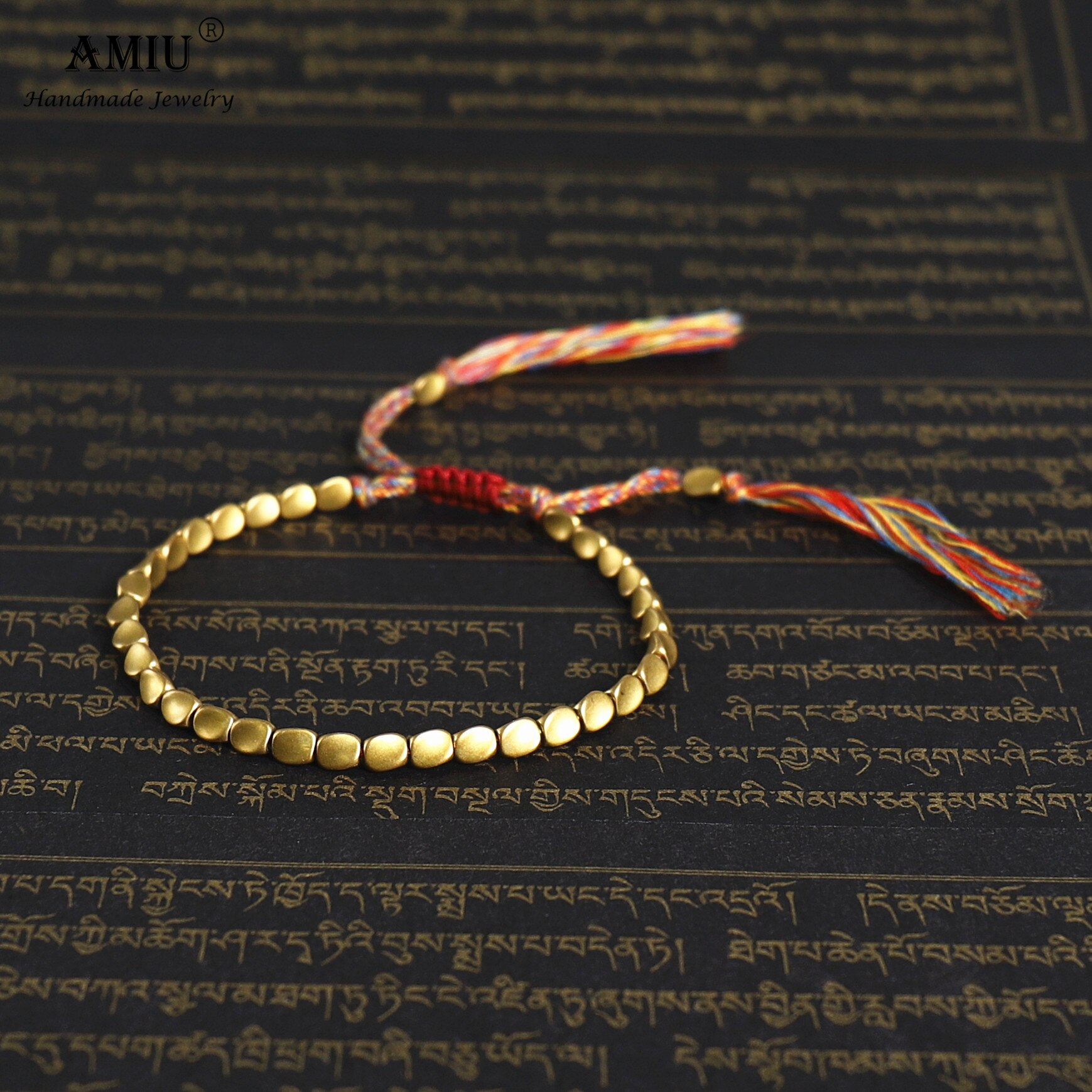 Pulseira de algodão feita à mão amiu, contas de cobre tibetanas, corda da da sorte, bracelete para mulheres e homens