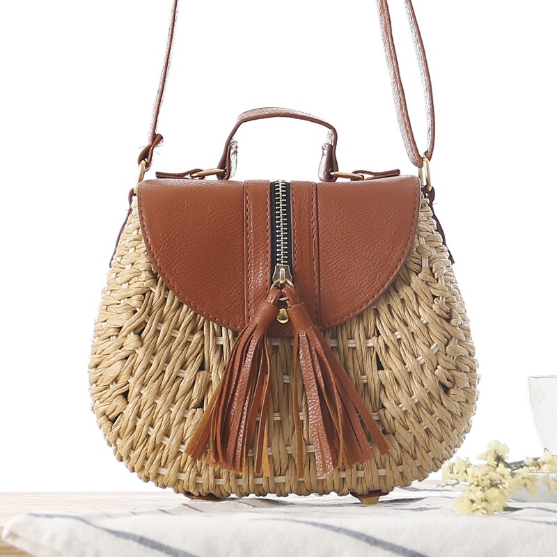 Vintage borla sela rattan shouder crossbody sacos designer wikcer tecido bolsas casuais senhoras verão praia palha bolsas: brown