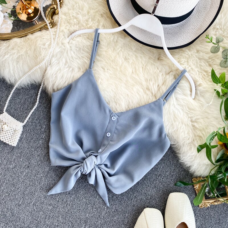 Kvinde street-wear sexet strop top v-hals rygløs crop top koreansk stil solid knap slanke korte tank tops: Blå