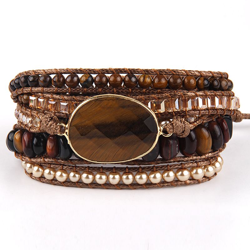 RH Handma joyería bohemia accesorio mezclado piedras naturales encanto 5 hebras pulseras envolventes: Marrón rojizo