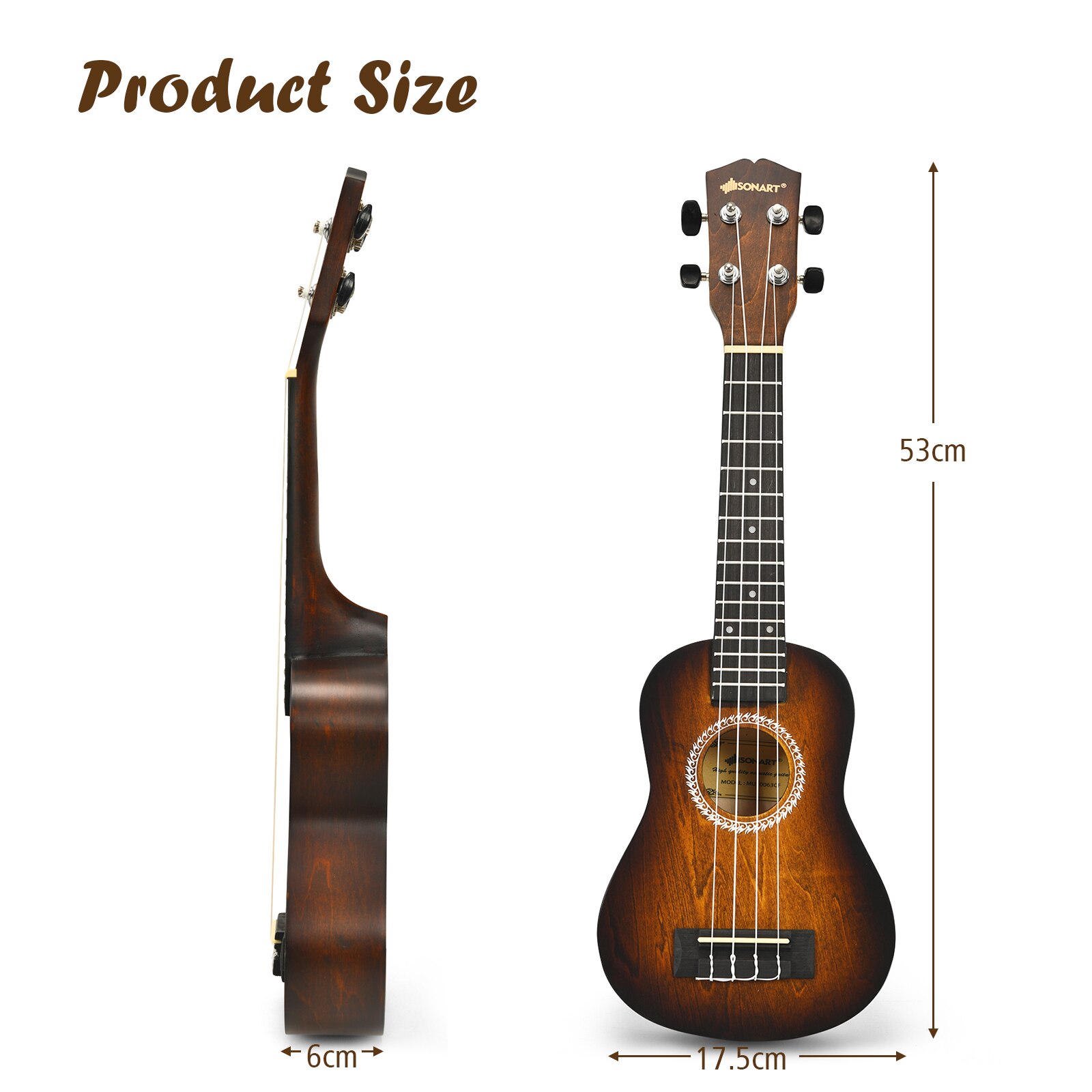 Kit Ukulele en bois, 53CM, pour débutants, accordeur numérique, petit démarreur, Instrument de guitare hawaïenne marron/rouge