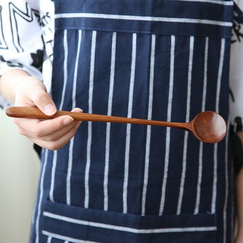 Lange skjeer tre , 5 stykker koreansk stil 10.9 tommer 100%  naturlige tre lange skaft runde skjeer til suppekoking blanding omrører
