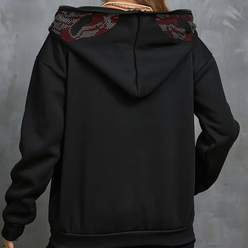 Otoño Punk Y2k gótico Grunge diamantes de imitación dientes Zip Up sudaderas con capucha de manga larga abrigo sudadera chaqueta ropa de calle
