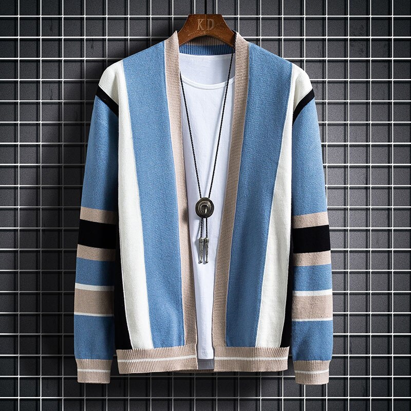 Smuk stribet cardigan mænd strikket bomulds sweater herretøj efterår vinter herre trøjer og cardigans frakke: Blå / M