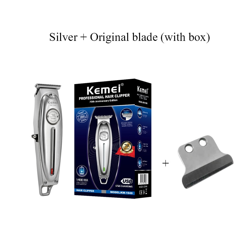 Kemei 1949 Hair Clipper All Metal Men Electric Cordless Hair Trimmer 0mm Baldheaded T Blade Finish Haircut Machine: silver add box blade