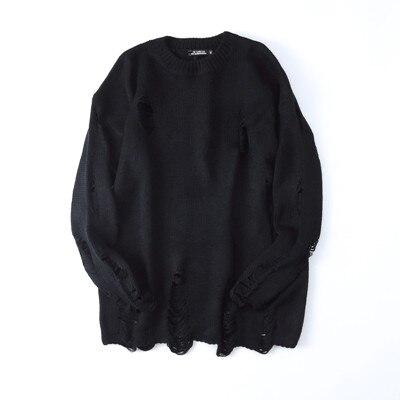 Ropa coreana para hombre, suéter con orificios rasgados, Vintage, ropa informal suelta, suéter negro de lana cálida: L