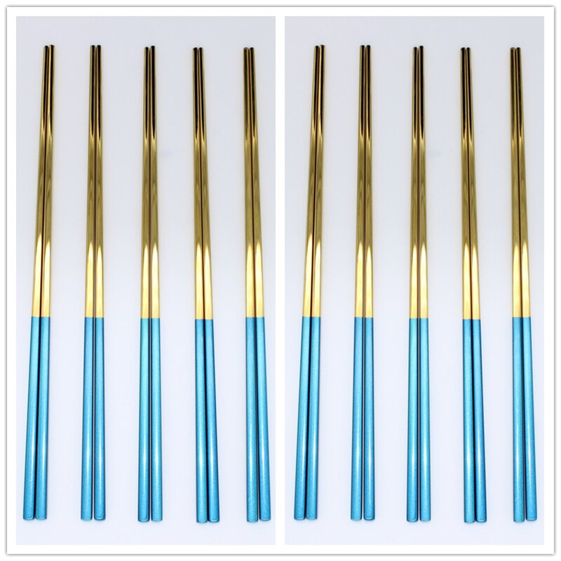10 Paare Sushi Hashi Stäbchen edelstahl Lebensmittel Klasse Platz Chinesischen Metall Stäbchen Mehrweg Stäbchen Küche Werkzeuge: 10 Paare Blau Gold