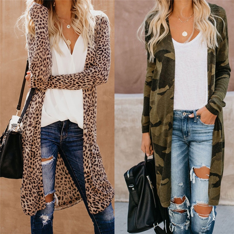 Herfst dames camouflage luipaard print lange mouwen vest jassen knooploze dames lange vest jassen plus