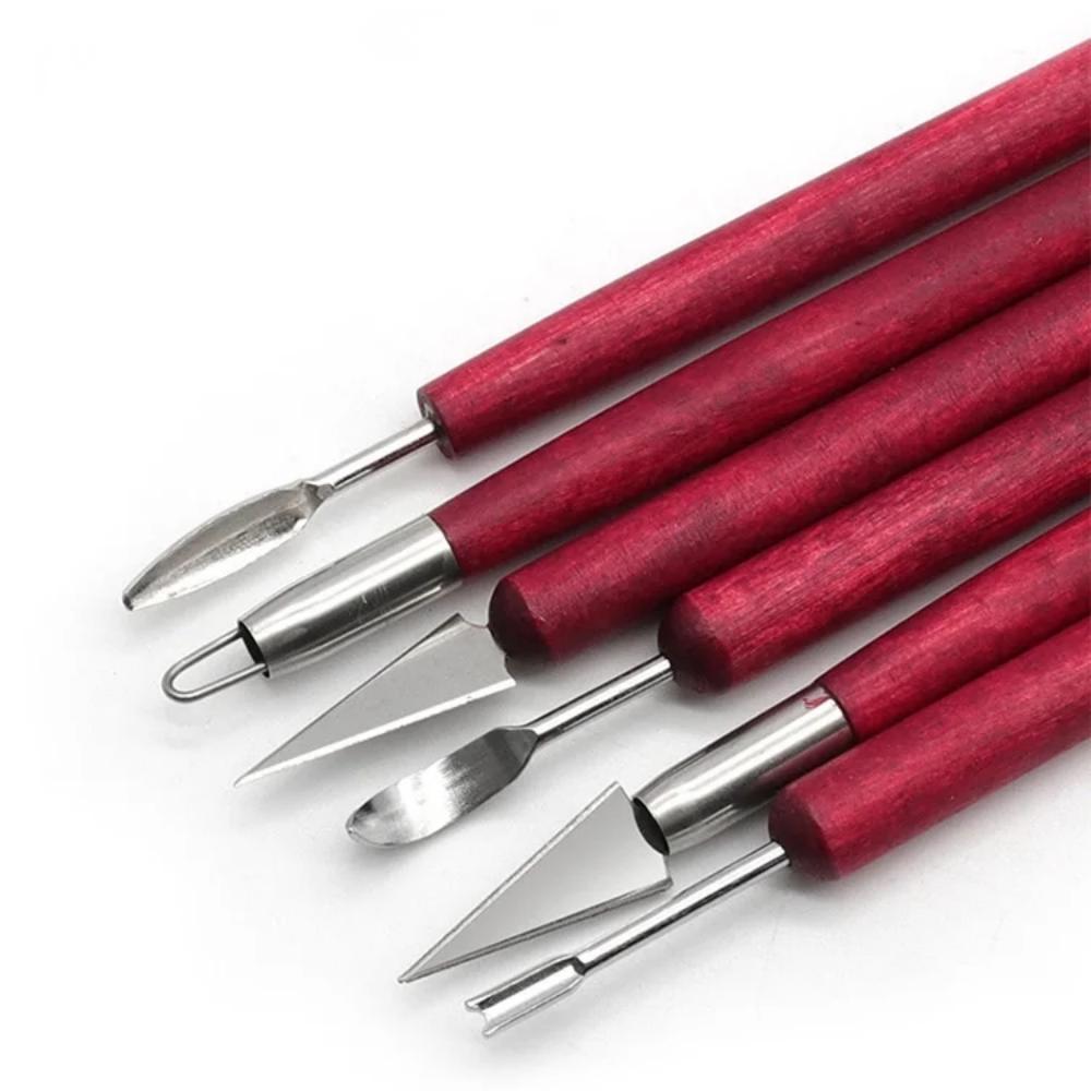 6 unids/set herramientas de alfarería cuchillo de alambre de doble punta de madera roja para reparación de arcilla, juego de herramientas de tallado de escultura de arcilla Kit de herramientas de cerámica