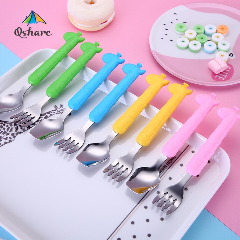 Qshare-vajilla de jirafa para bebé, cuchara de postre para niños, tenedor cuchara de alimentación, artículos de alimentación para bebé, vajilla para niños