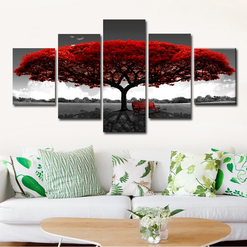 5 paneles de rojo abstracto pinturas al óleo de árboles impresos en lienzo, carteles e impresiones de paisaje, imágenes artísticas de pared para decoración del hogar sin marco