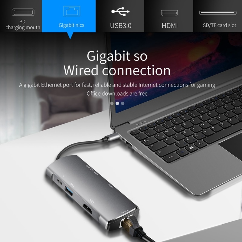 7 in 1 Usb 3.0 Type-C Hub To Ethernet +4K Video Hdmi Pd Rj45 +Charging Port Adapter +Sd/Micro-SD Slot for Macbook Iphone Huawei