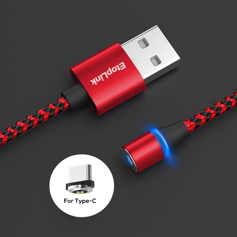 EtopLink Type C Micro USB Magnetic Charging USB Cable USB-C 360 degree Round Magnet Nylon Braided LED Charger Cables 1M Blue Red: Red Type C