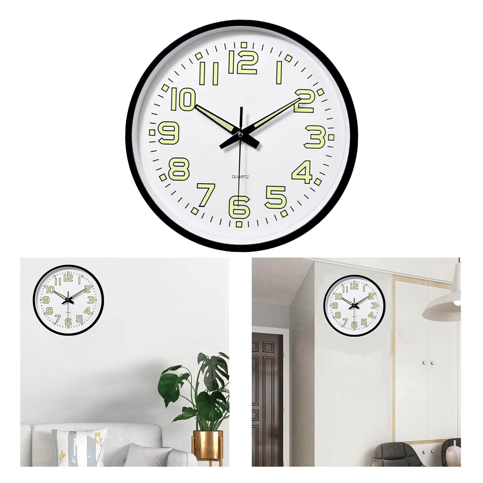 12 Inch Wall Clock with Night Light Large Display Quartz Wall Clocks for Indoor/Outdoor Living Room: Black