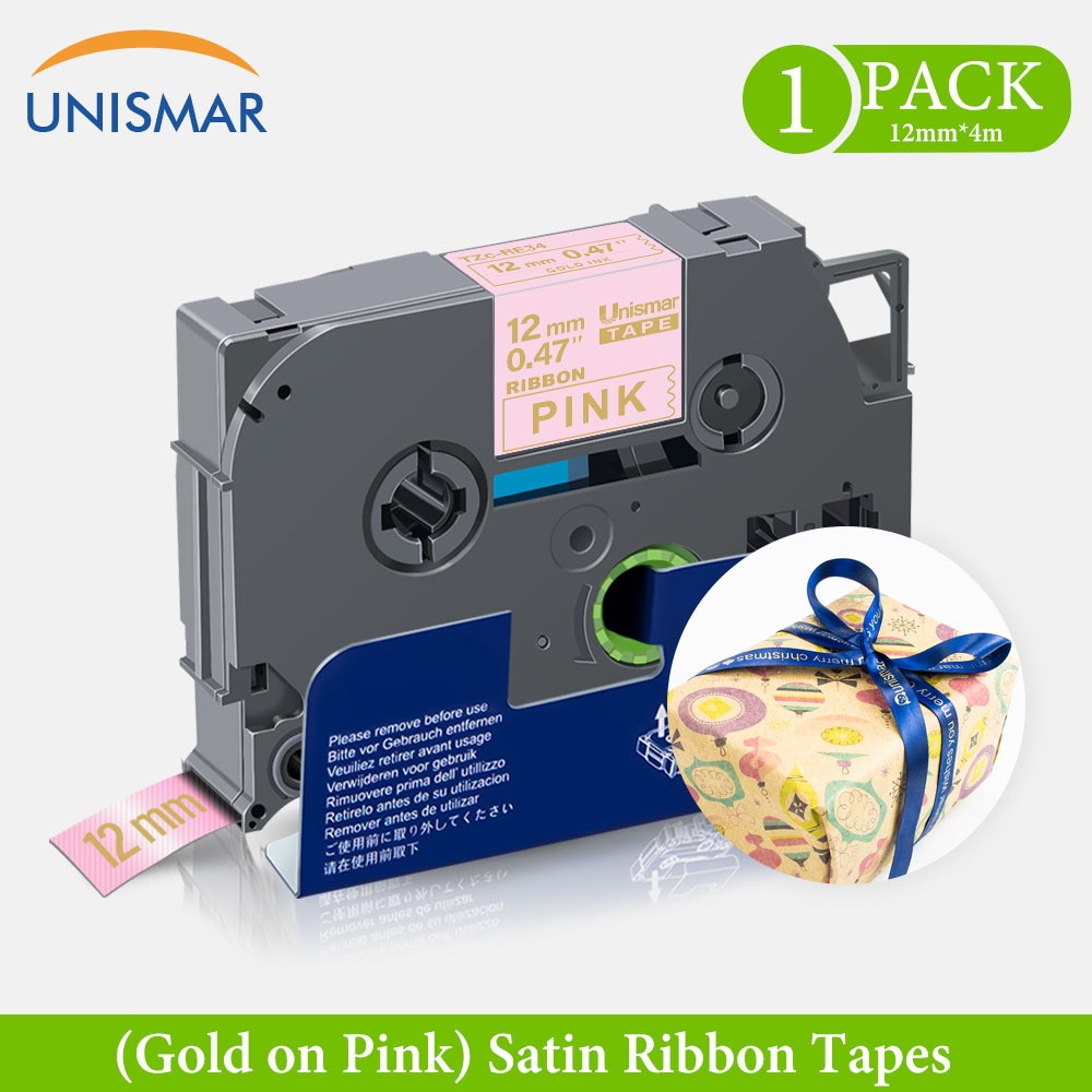 Unismar 12mm*4m TZ-231 Satin Ribbon Tapes Gold on Pink TZ-RE34 TZ Tape Compatible Brother p-touch Printers PT-D200 PT- D210