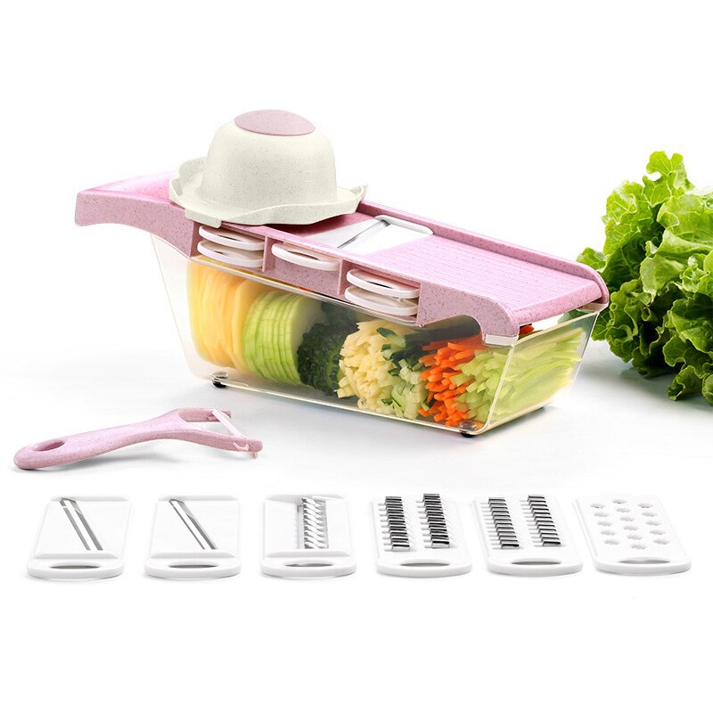 Multifunktionelle grøntsagsskærere 8 in 1 fræser frugtsnitter rivejern shredders afløbskurv gadgets køkken tilbehør: Lyserød