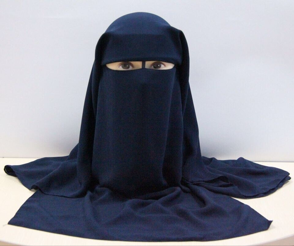 Islamique 3 couches Niqab Burqa Bonnet Hijab Cap voile musulman Bandana écharpe chapeaux noir visage couverture Abaya Style Wrap tête couvrant: DARK BLUE