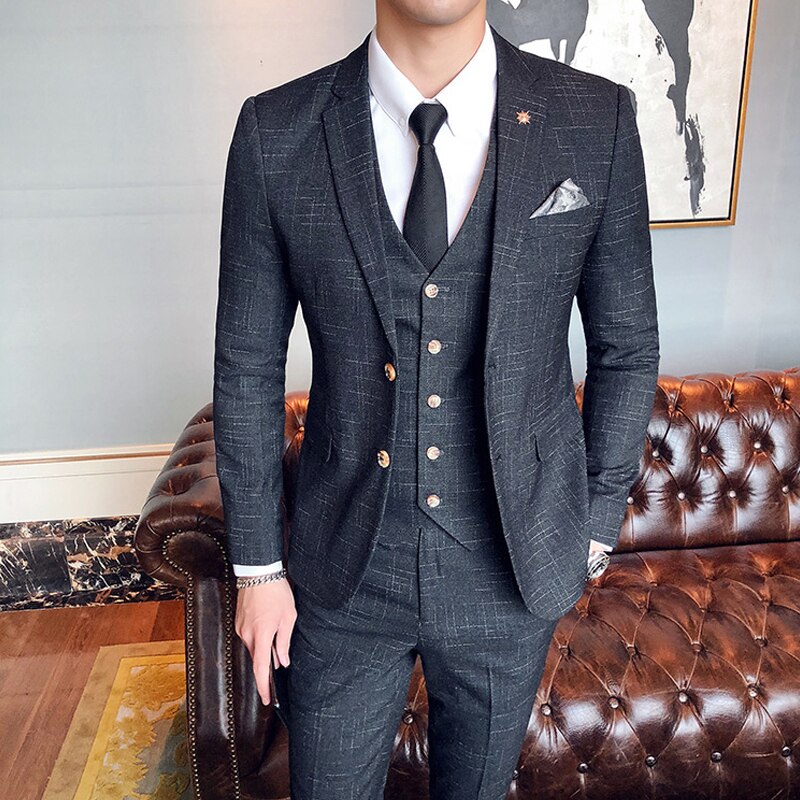Grote Maat 7XL ( Blazer + Vest + Broek) bruidegom Trouwjurk Dark Plaid Klassieke Retro Mannen Formele Pak Drie-Delige Set