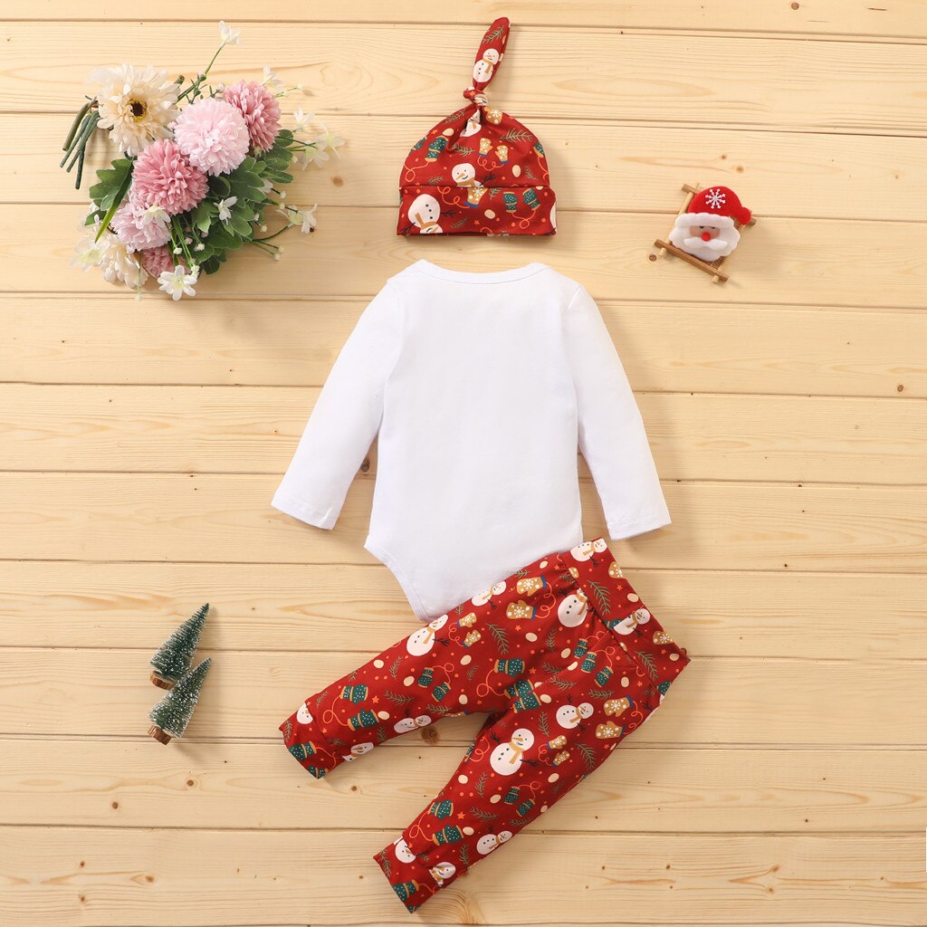 Roupas de natal do bebê recém-nascido infantil do bebê meninos meninas 1st macacão de natal calças superiores + chapéu conjunto roupas natal outono inverno