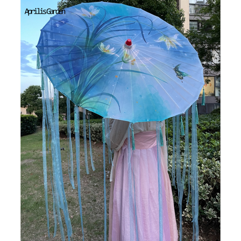 82cm hanfu cospaly blau geöltes Papier Regenschirm Frauen Fotografie Requisit Band antike Quasten Regenschirm Fan Paraguas Sonnenschirm