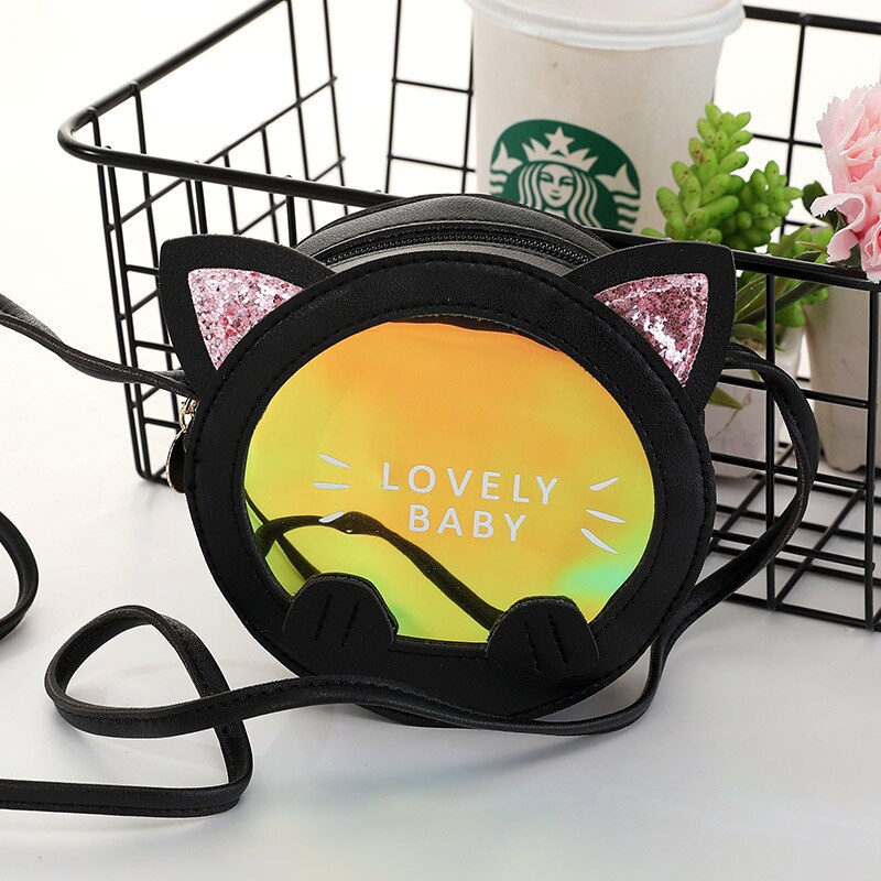 Korean Cute Kids Cat Crossbody Bag Cartoon Baby Girl Toddler Mini PU Messenger Bags Shoulder Bag: Black cat