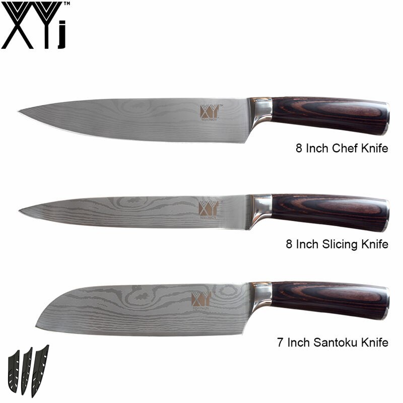 Xyj 6 stk rustfritt stål kjøkkenkniv høy karbon skarpt blad bøy håndtak kokk skjæringe santoku nytte skjærekniver: F.