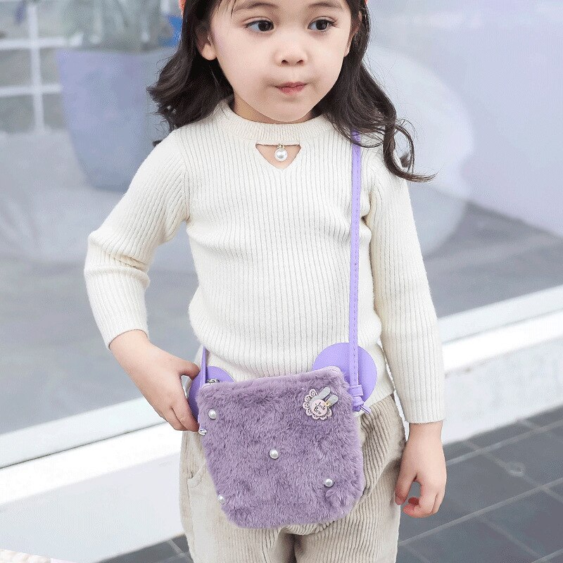 Schattig klein meisjes mini portemonneetje kawaii nep konijnenbont baby kleine portemonnee peuter schoudertas meisjes feesttasje: Paarse flap