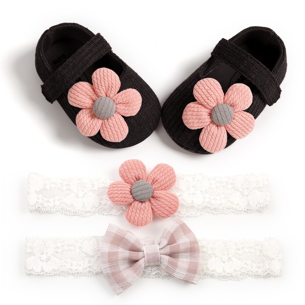 3PCS 0-18M Baby Girl Baptism Shoes and Headband Set Soft Sole Floral Mary Jane Flats and Hairbands for Infant Little Girls: Black / 12-18 M