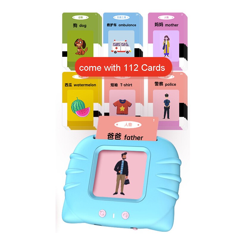Portable Chinese-English Bilingual Learning Baby Early Education Machine with Sound 112pcs Cognitive Cards Educational Toys: Blue English Chinese