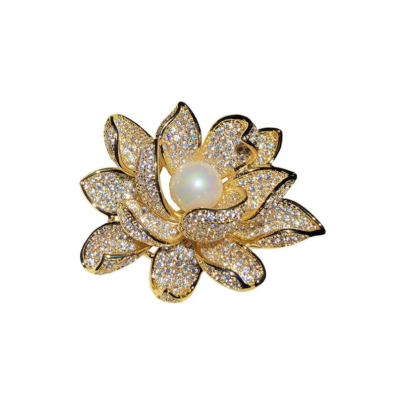 Vintage Broches Voor Vrouwen S925 Zilveren Zirconia Parels Broche Gouden Lotus Pin Corsage Kleding Vest Knop Fijne Sieraden