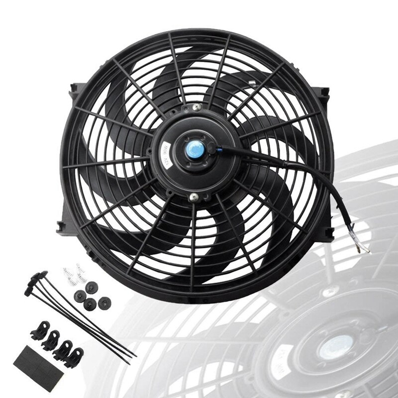 Zwarte universele elektrische radiator slanke ventilator push/pull 12v +  montagekit  (14 inch)