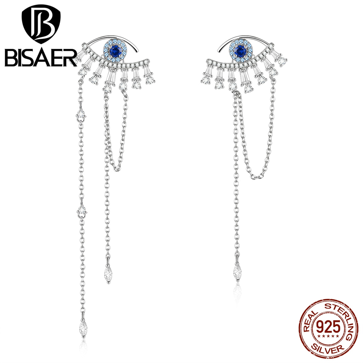 Glück Auge Ohrringe BISAER 925 Sterling Silber Glück Blue Eye Lange Quaste Bolzen Ohrringe Frauen Silber Schmuck EFE334