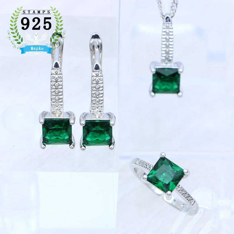 Mujer pendientes anillo colgante collar 925 joyería de plata cuadrado granate piedra roja conjunto de joyas accesorios de boda: Verde