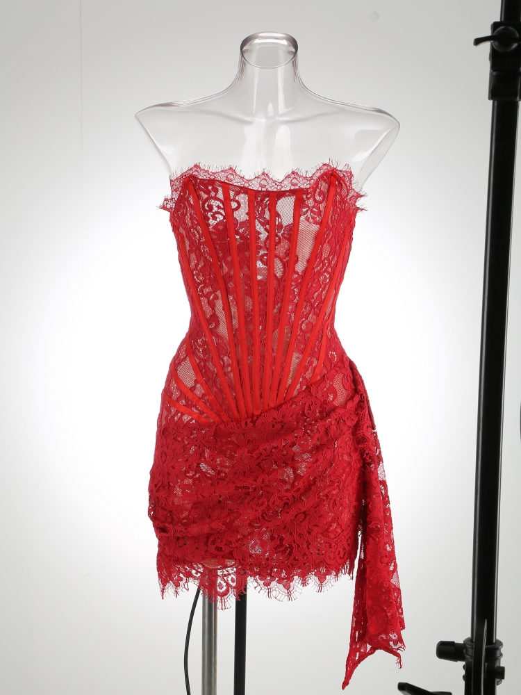 Women's Evening Dresses White Birthday Dress for Women Luxury Autumn Pleated Gowns Lace Patchwork Party Clothes: XL / Red
