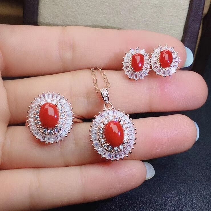 Kjjeaxcmy jóias finas 925 prata esterlina incrustada natural vermelho coral anel pingente brinco conjunto moda suporta teste