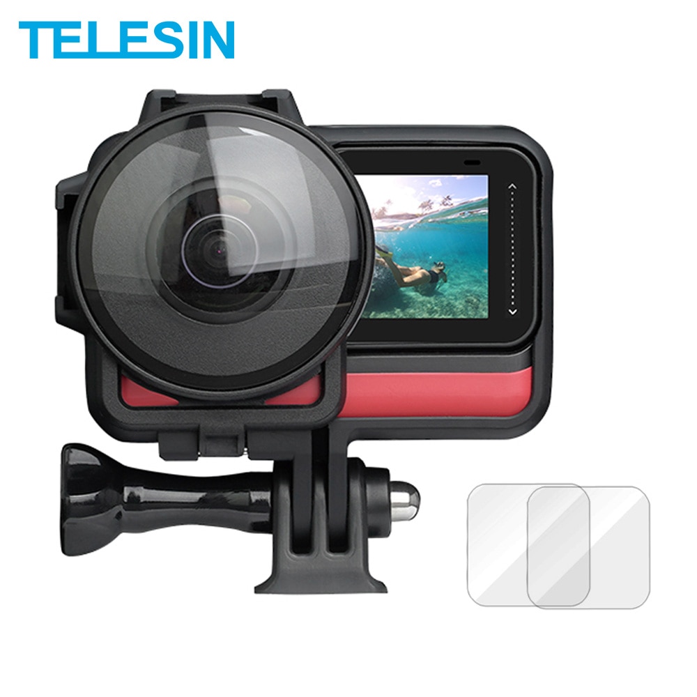 TELESIN 2 pièces protecteur d'objectif garde froid chaussure cadre étui écran et lentille protéger verre trempé pour Insta360 One R 4K 360 Edition