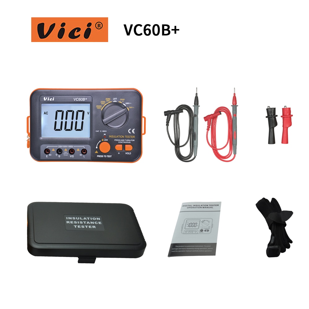 VICI VC60B+ Digital Insulation Resistance Tester LCD 1000V Megger Insulation 0-2000M Ohm High Voltage Short Circuit Input Alarm