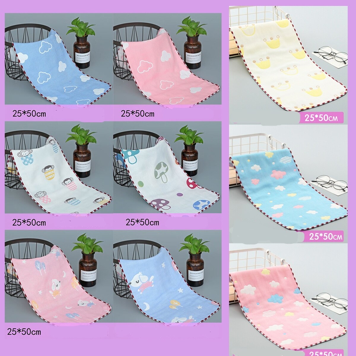 L 100% Katoen 25X50 Cm Gaas Katoenen Zakdoek Vierkante Sjaal Mousseline Katoen Gezicht Handdoek Doekjes 3-9 sets