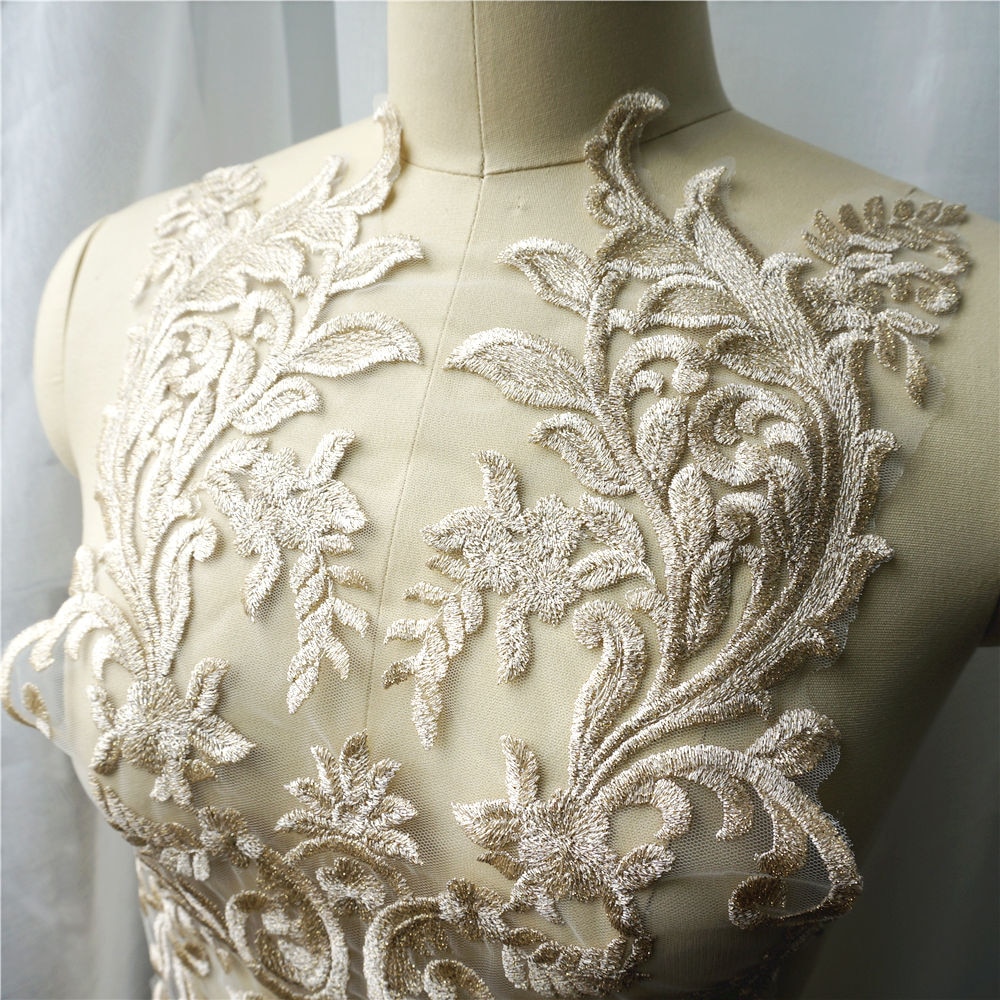 Licht Goud Borduren Kant Applique Bloem Stof Lace Trim Naaien Kraag Patch Wedding Gown Dress Bridal Diy Kleding Ambachten