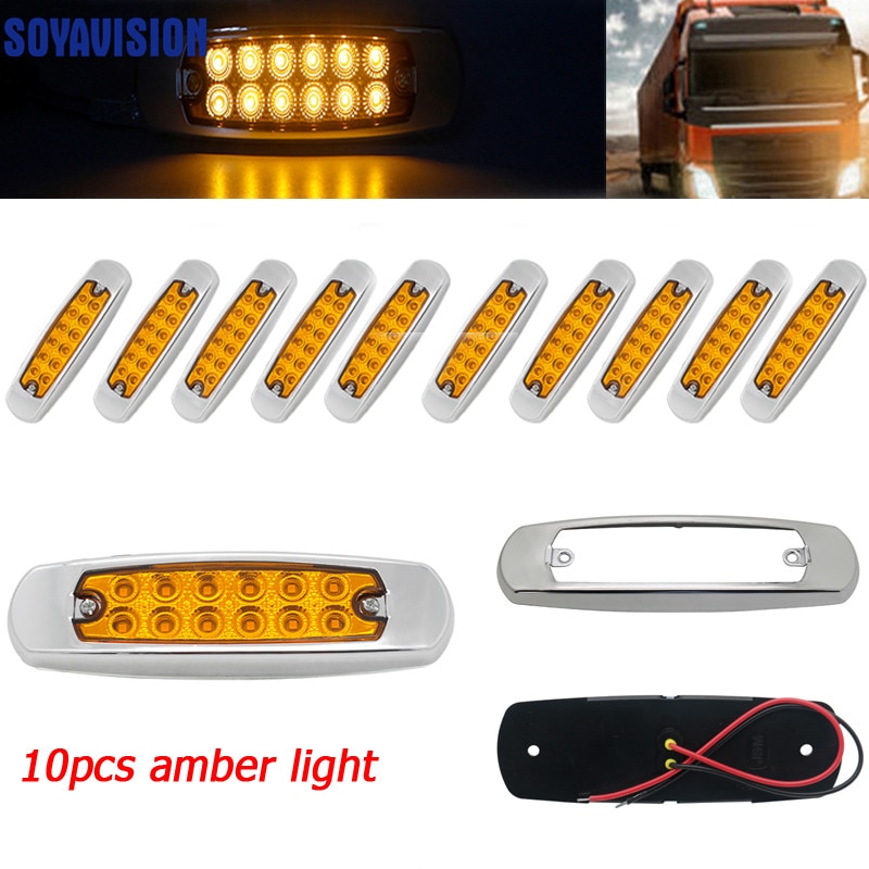 10pcs 12 LED Truck Lorries Bus Clearance Side Marker Indicators Light yellow Cab Marker Trailer Marker Lights 12v 24v