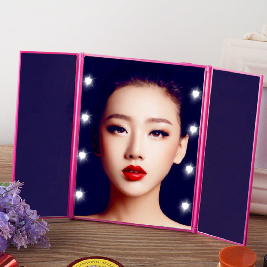 Tri-sided Foldable Makeup Mirror 3-Folding Portable 8 LED Light Beads Cosmetic Tabletop Mirror Beauty Supplies
