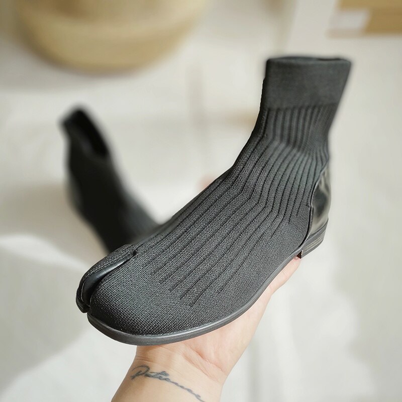 Womens Ankle Boots Split Toe Japanese Ninja Shoes Clip Toe Knitted Stretchy Low Top 2Colors V008